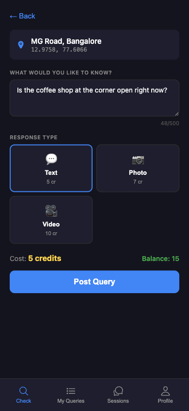 Query composer — question field plus Text/Photo/Video tiles and Post Query