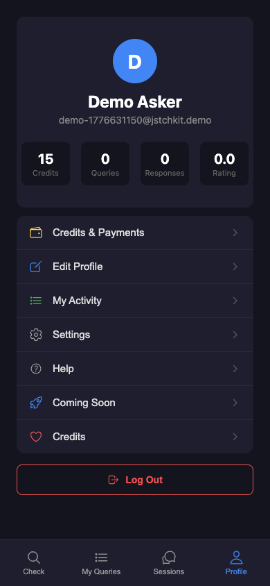 Profile — credits, queries, responses, rating