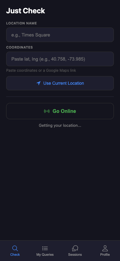 Check tab with Go Online button and 'Getting your location…'